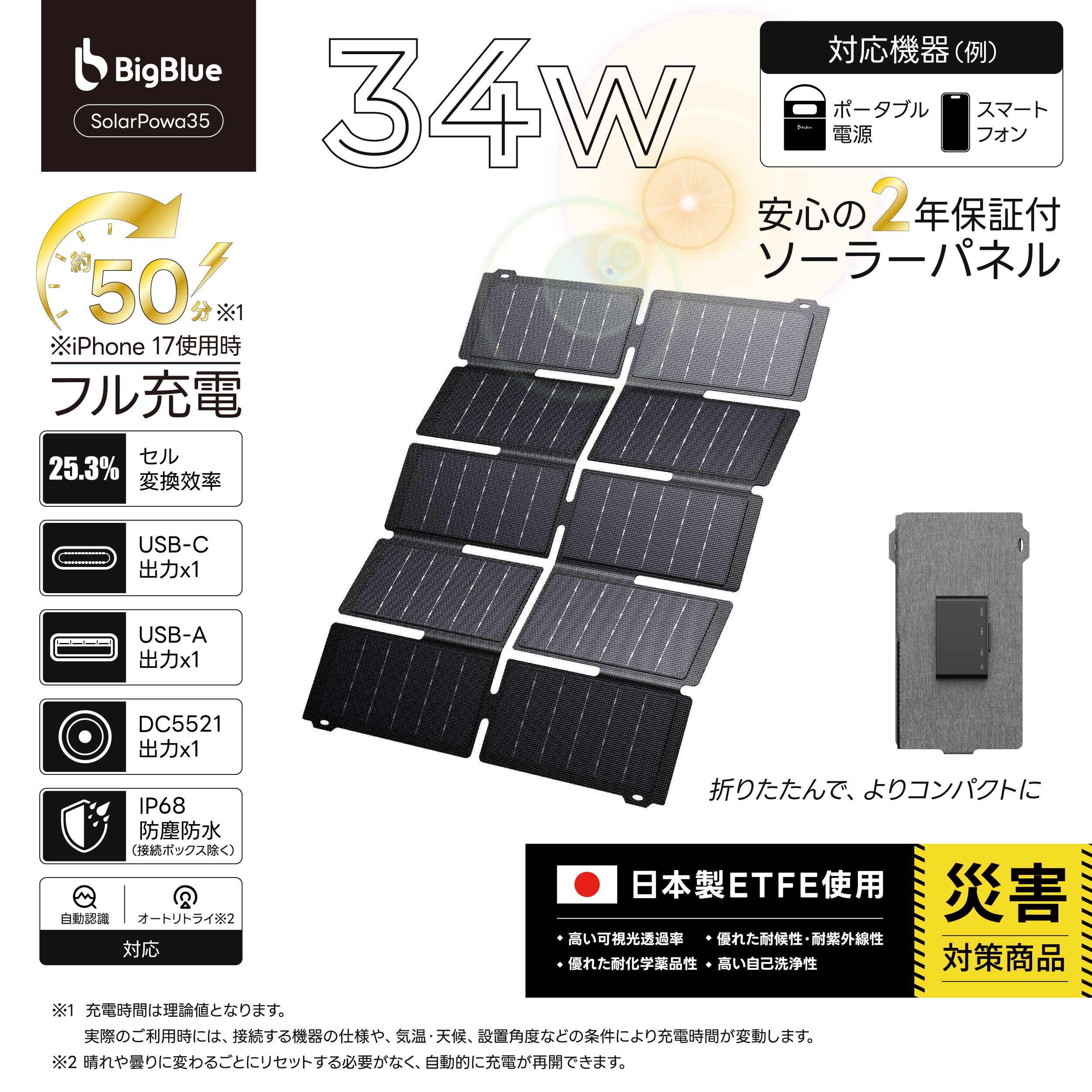 BigBlueパネル 34W（変換アダプターDC5525、DC7909、DC8020、XT60付属